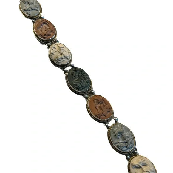 Antique Bracelet Stone Cameo 800 Silver Victorian Lava RARE Seven Days Chariots - Picture 4 of 14